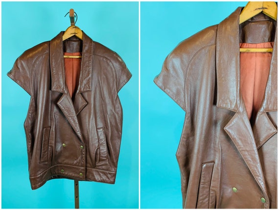 Vintage 1970s Brown Vest | Faux Leather Cap Sleeve