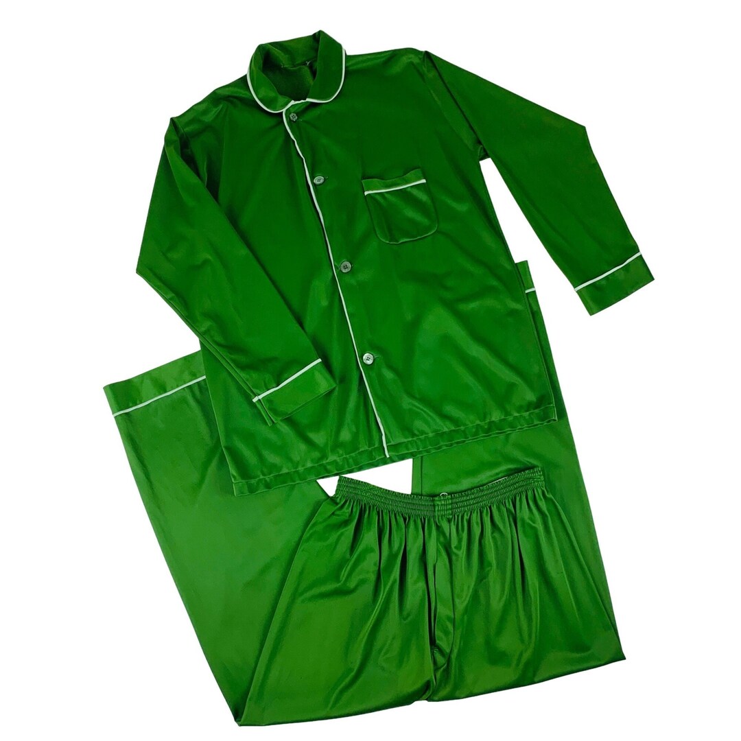 Vintage 1970s Avocado Green Men's Nylon Pajamas Collared Top Stretch