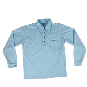 Vintage 1970s Pale Blue Long Sleeve Polo Mens Polyester Shirt
