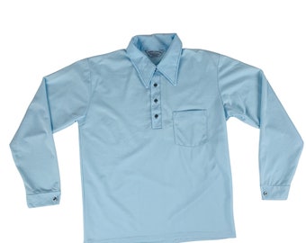 Vintage 1970s Pale Blue Long Sleeve Polo Mens Polyester Shirt