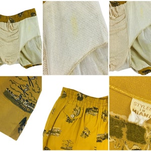 Vintage 1940s Cabana Set Men's Large Vacation Novelty Print Mustard Shirt Swim Trunks Shorts image 9