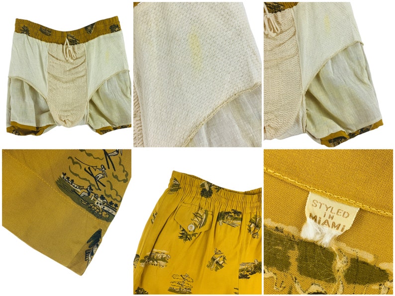 Vintage 1940s Cabana Set Men's Large Vacation Novelty Print Mustard Shirt Swim Trunks Shorts image 9