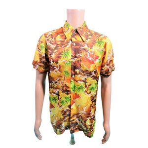 Vintage 1960s Hawaiian Shirt Men&#39;s Large Palm Tree Print Aloha Short Sleeve Tiki