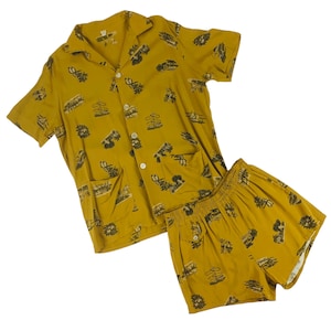 Vintage 1940s Cabana Set Men's Large Vacation Novelty Print Mustard Shirt Swim Trunks Shorts image 10