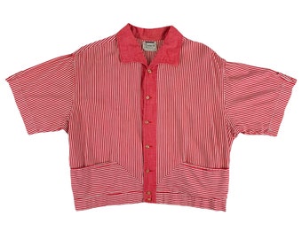 Vintage 1950s Red Striped Rockabilly Mens Shirt Waist Pockets Button Down