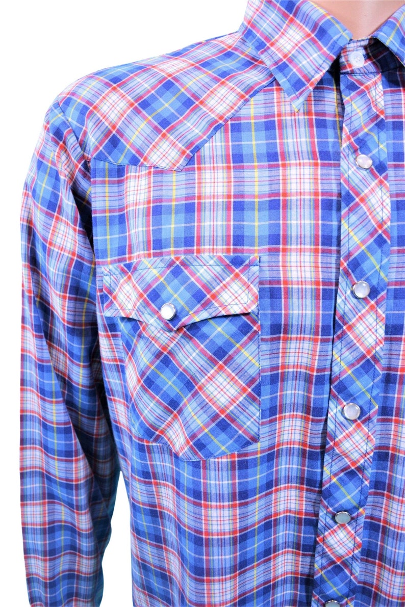 Vintage 80s Western Shirt Men's Extra Large Blue Red Plaid Snap Button Down image 4