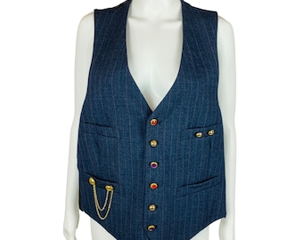 Vintage 1990s Navy Pin Stripe Vest Bejeweled Buttons Magician Steampunk