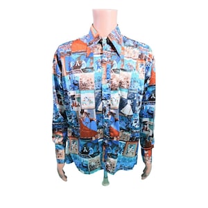 Vintage 70s Novedad Impresión Camisa Hombre XL Étnico Romance Orsini Originales Botón Abajo