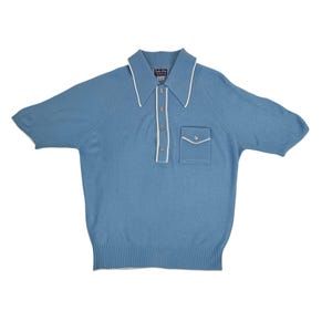 Vintage 70s Sweater Shirt Mens Large Blue Short Sleeve Striped Polo Chest Pocket