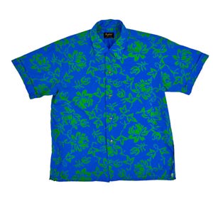 Vintage 50s Hawaiian Shirt Mens Large Surfrider Blue Green Floral Print Tiki Cotton Short Sleeve