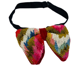 Vintage 1970s Men's Bowtie Colorful Crewel Knit Red Velvet Reversible Bow Tie Groovy