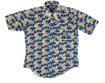 Vintage 70s Button Down Men's XL Blue Pixelated Leaves Short Sleeve Shirt Montgomery Ward