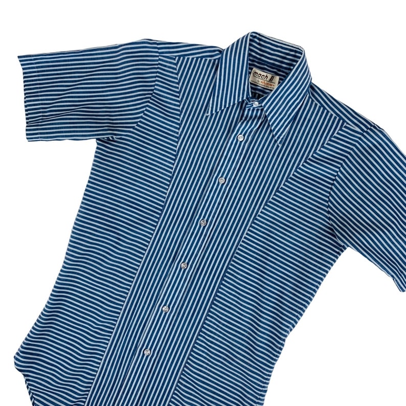 Vintage 70s Striped Shirt Men's Medium Mod Blue Button Down Mach II Arrow Rockabilly image 10