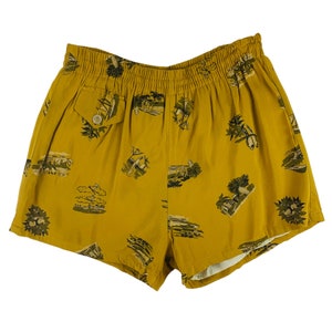 Vintage 1940s Cabana Set Men's Large Vacation Novelty Print Mustard Shirt Swim Trunks Shorts image 7