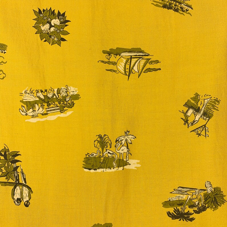 Vintage 1940s Cabana Set Men's Large Vacation Novelty Print Mustard Shirt Swim Trunks Shorts image 2