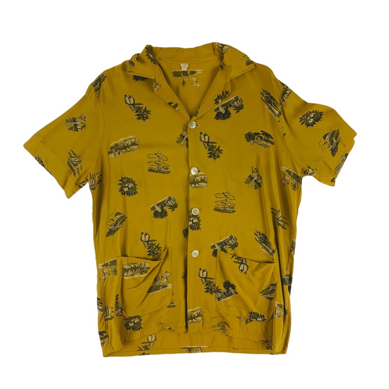 Vintage 1940s Cabana Set Men's Large Vacation Novelty Print Mustard Shirt Swim Trunks Shorts image 3