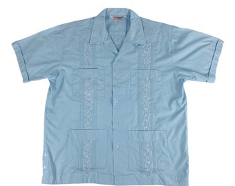 Vintage 1980s Blue Embroidered Guayabera Mens Mexican Wedding Shirt 1X