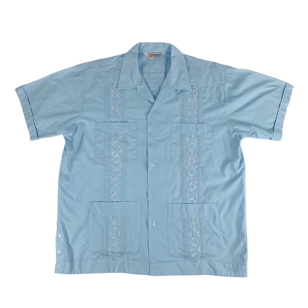 Vintage 1980s Blue Embroidered Guayabera Mens Mexican Wedding Shirt 1X