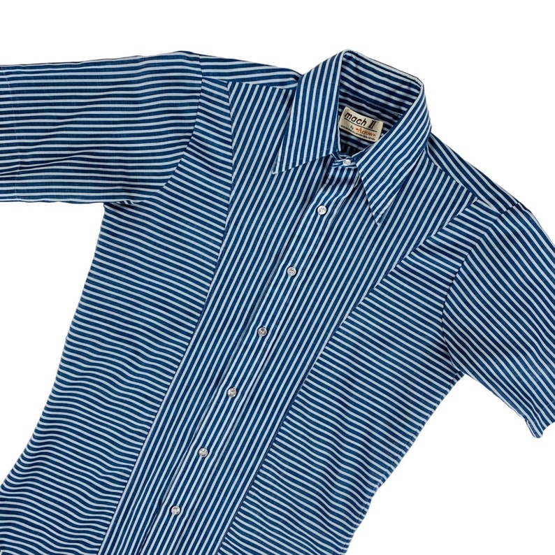 Vintage 70s Striped Shirt Men's Medium Mod Blue Button Down Mach II Arrow Rockabilly image 5
