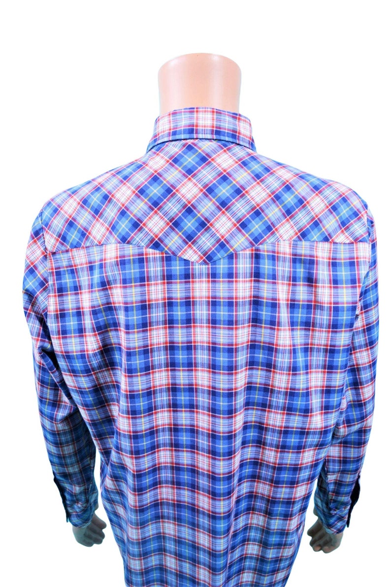 Vintage 80s Western Shirt Men's Extra Large Blue Red Plaid Snap Button Down image 8