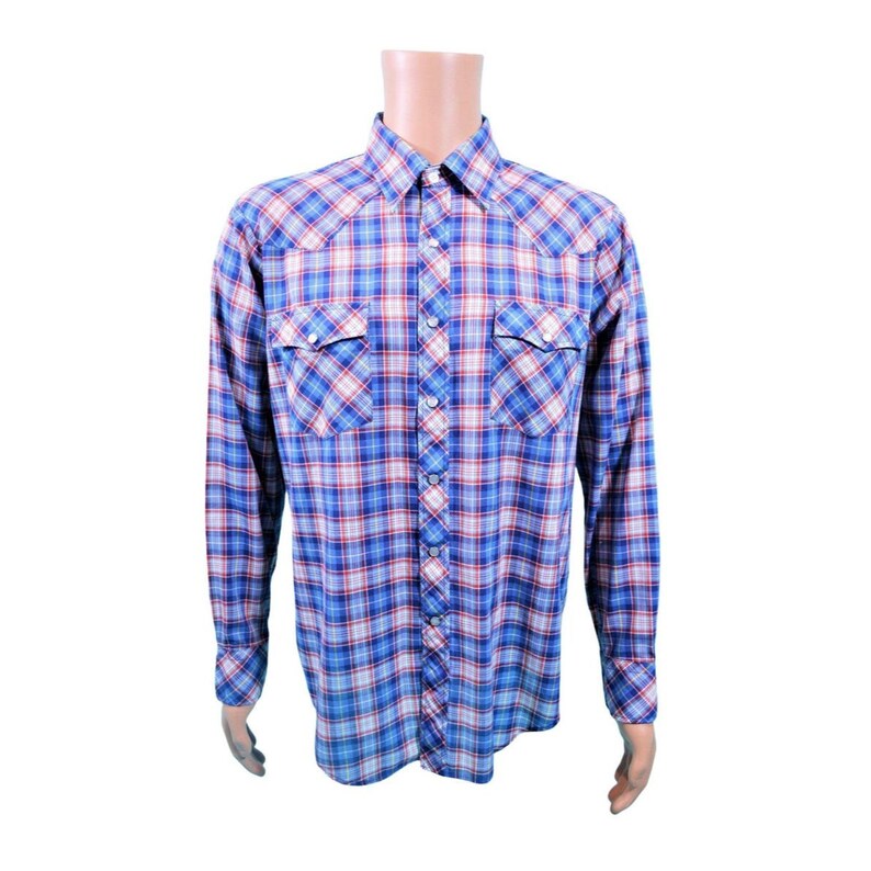 Vintage 80s Western Shirt Men's Extra Large Blue Red Plaid Snap Button Down image 10