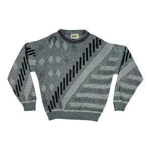 Vintage 1980s Le Tigre Gray Geometric Mens Acrylic Sweater