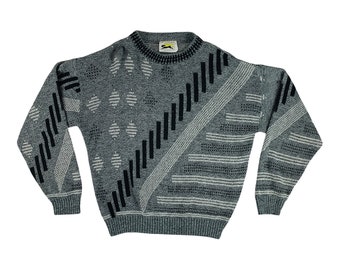 Vintage 1980s Le Tigre Gray Geometric Mens Acrylic Sweater