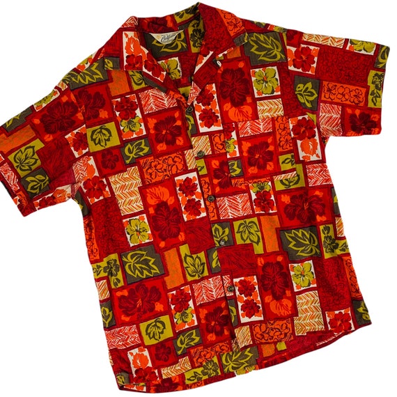 Vintage 1960s Hawaiian Red Leaf Print Mens Shirt … - image 5