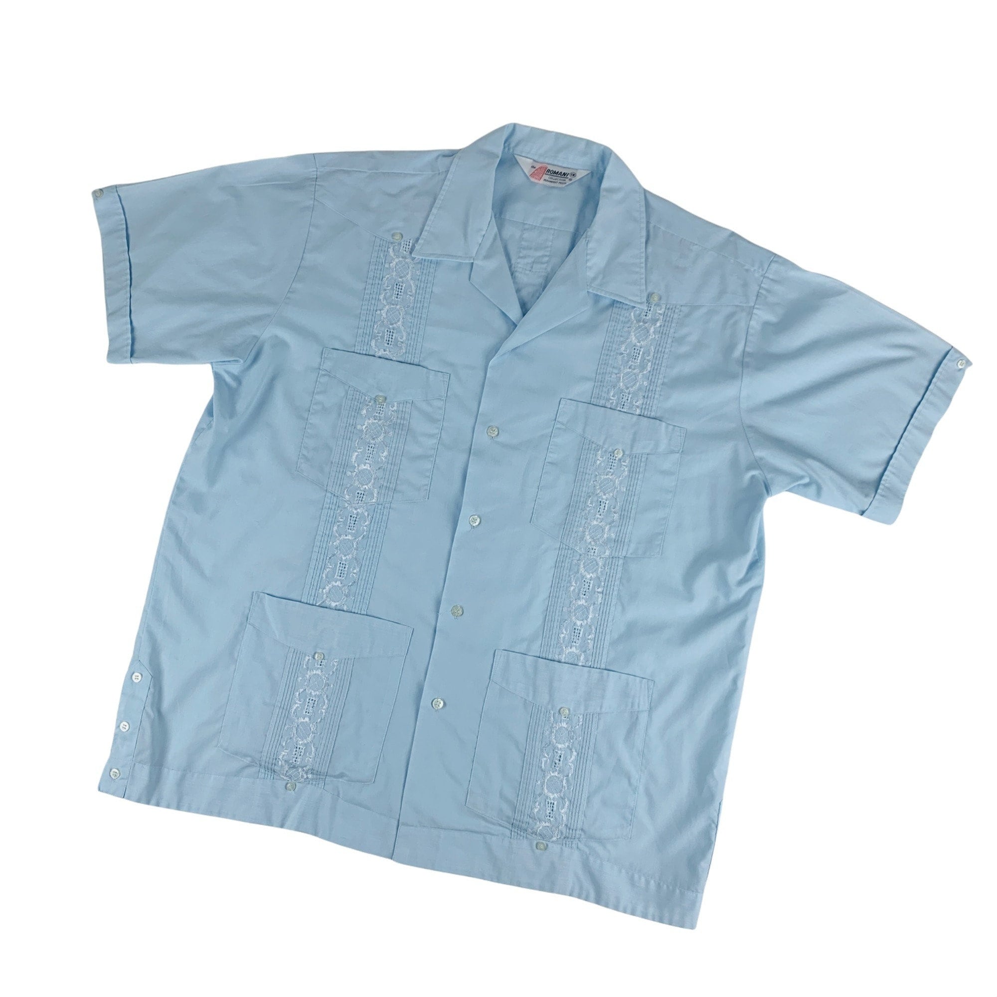Vintage 1980s Blue Embroidered Guayabera Mens Mexican Wedding Shirt 1X ...