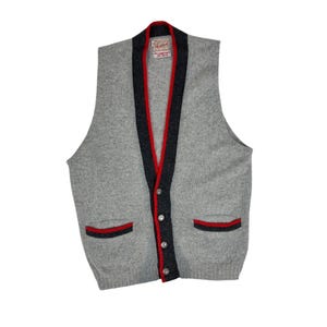 Vintage 60s Wool Vest Mens Size M Rockabilly Gray Red Striped Sleeveless Sweater