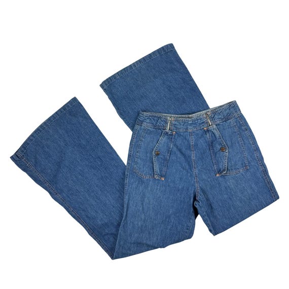 Vintage 70s Denim Bell Bottoms Mens Blue Jeans Double Zipper Waist Covered  Pockets