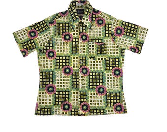 Vintage 70s Floral Print Shirt Mens XL Flower Power Checkered Short Sleeve Pink Green