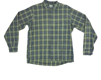 Vintage 50s Plaid Button Down Mens Large Green Blue Long Sleeve Shirt Hens & Kelly