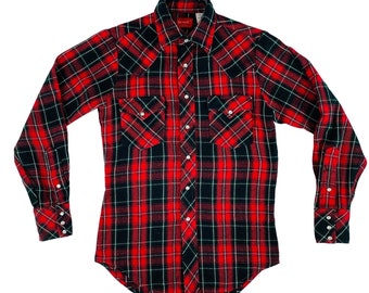 Vintage 1980s Red Plaid Flannel Western Snap Button Shirt Men's Big Smith