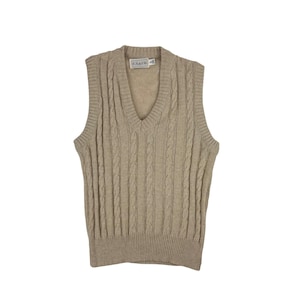 Vintage 80s Sweater Vest Mens Size Medium Beige Cable Chunky Knit Wool Blend Sleeveless