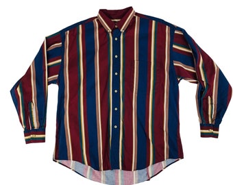 Vintage 90s Striped Shirt Men's XXL Navy Burgundy Button Down Academia Nerdy Natural Issue