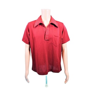 Vintage 1970s Polyester Shirt Men&#39;s XL Maroon Studded Pointed Collar Short Sleeve