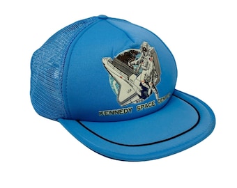 Kennedy Space Center Snapback Cap Vintage 1980s Trucker Hat NASA Light Blue