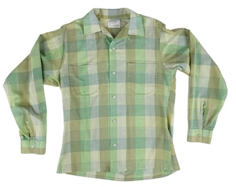 Vintage 1950s Light Green Checkered Long Sleeve Men's Shirt Permanent Press