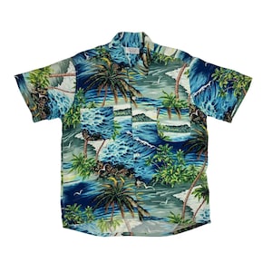 Vintage 50s Hawaiian Shirt Mens Large Rayon Short Sleeve Ocean Wave Print Penney&#39;s Tiki Tropical