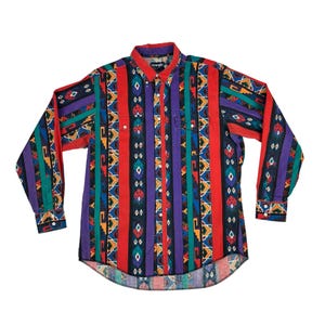 Vintage 90s Southwestern Shirt Mens XL Colorful Cotton Aztec Print Wrangler Button Down