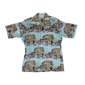 Vintage 70s novedad impresión camisa hombres XL Towns People Nylon manga corta Birmania