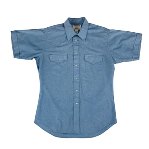 Vintage Blue Chambray Western Shirt Men&#39;s Short Sleeve Snap Buttons