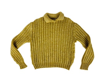 Vintage 1960s Wool Sweater Men's Large Mustard Yellow Collared Pullover Academic B 44"
