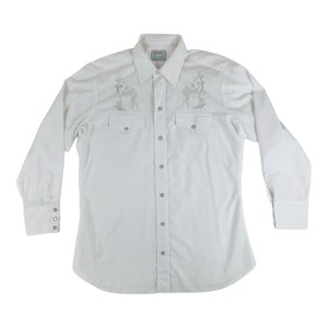 Vintage 1970s White Western Cowboy Boot Shirt H Bar C Silver Metallic Mens Long Sleeve | C 46&quot;