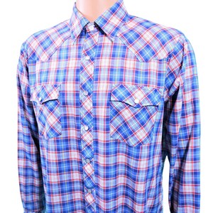 Vintage 80s Western Shirt Men's Extra Large Blue Red Plaid Snap Button Down image 5