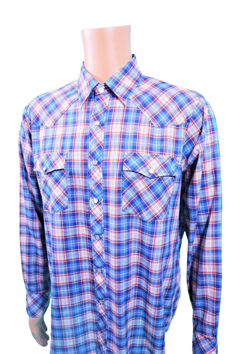 Vintage 80s Western Shirt Men's Extra Large Blue Red Plaid Snap Button Down image 5