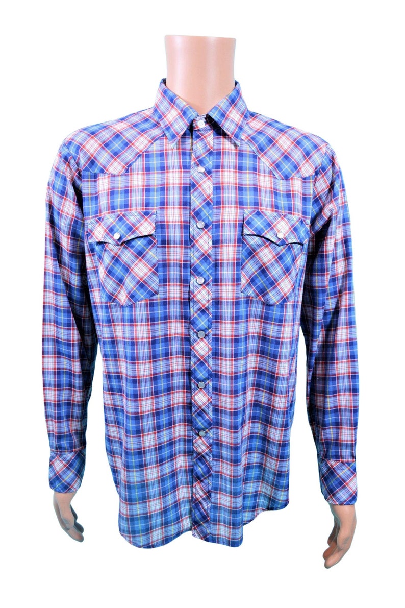 Vintage 80s Western Shirt Men's Extra Large Blue Red Plaid Snap Button Down image 3