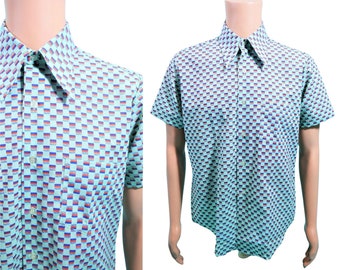 Vintage 60s Aqua Shirt Men's Large Printed Short Sleeve Button Down Male Duds Rockabilly