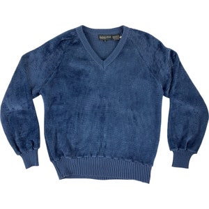 Vintage 1980s Blue Velour Vneck Mens Pullover Sweater